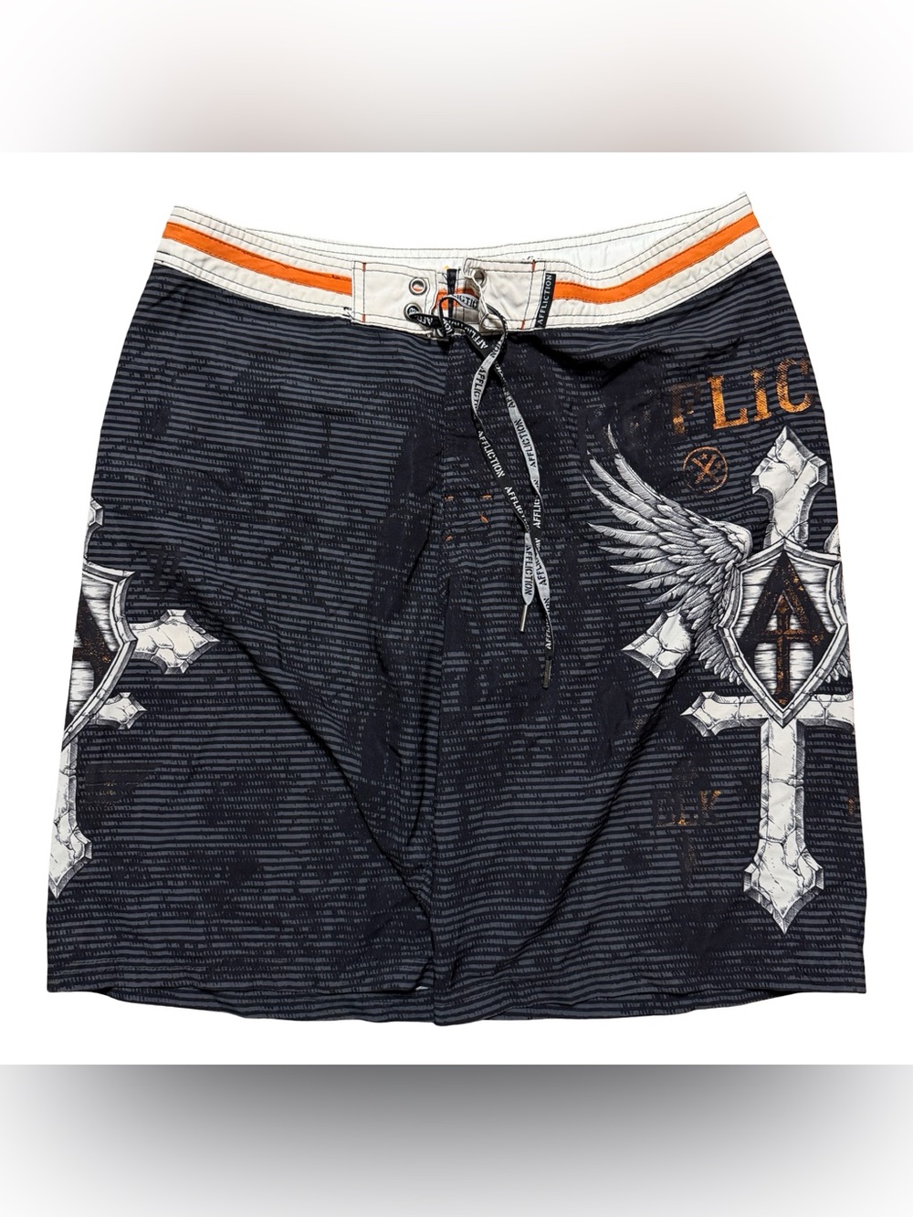 Vintage Y2K Affliction Grunge Cross & Wings Surf Board Style Shorts Size 36